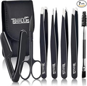 TsMADDTs Professional Stainless Steel Tweezers for Women and Men, 7 Pack Precision Tweezers for Eyebrows with Curved Sciss...