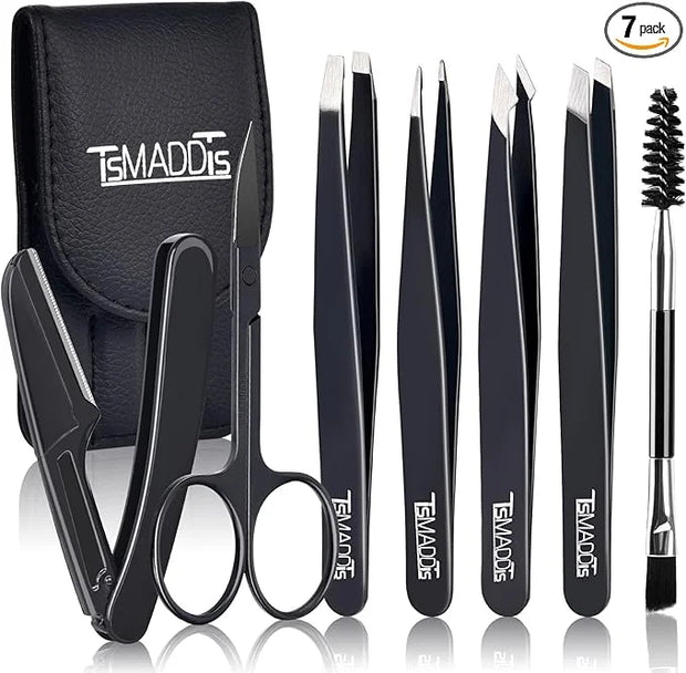 TsMADDTs Professional Stainless Steel Tweezers for Women and Men, 7 Pack Precision Tweezers for Eyebrows with Curved Sciss...