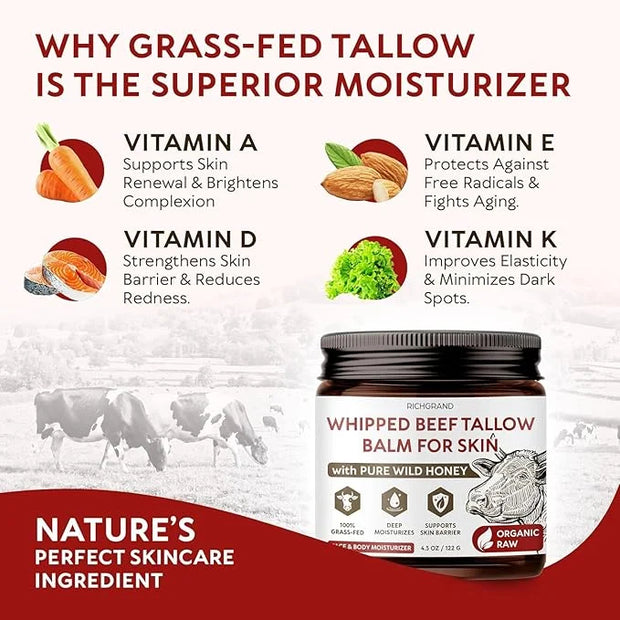 Beef Tallow for Skin, 4 Pack (17.2 fl oz) - Whipped Grass-Fed Moisturizer with Wild Honey & Beeswax, Natural Face & Body C...