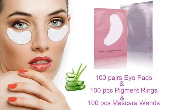 3x100 Packs- Lint Free Lash Extension Eye Gel Patches & Glue Rings Holder Eyelash Extension Rings & Eyelash Mascara Brushe...