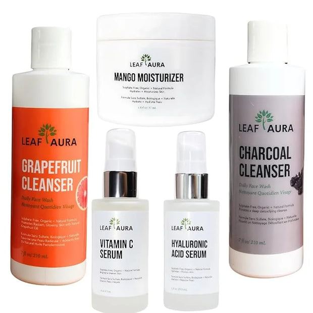 Skin Care Products Combo (5 Items) - Comes With Charcoal Cleanser, Grapefruit Cleanser, Vitamin C Serum, Hyaluronic Acid, ...