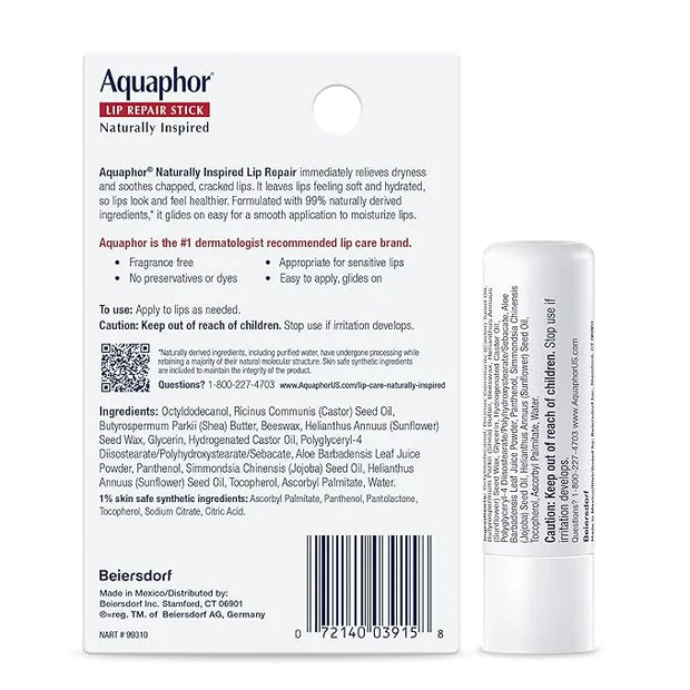 Aquaphor Naturally Inspired Lip Repair Stick with Aloe Vera and Natural Shea Butter, Hydrating Lip Balm Stick Immediately ...