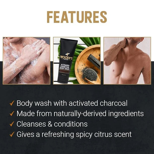 Woody's Activated Charcoal Body Wash for Men - Deep Cleansing, Exfoliating Face & Body Wash, Hydrating Formula with Walnut...