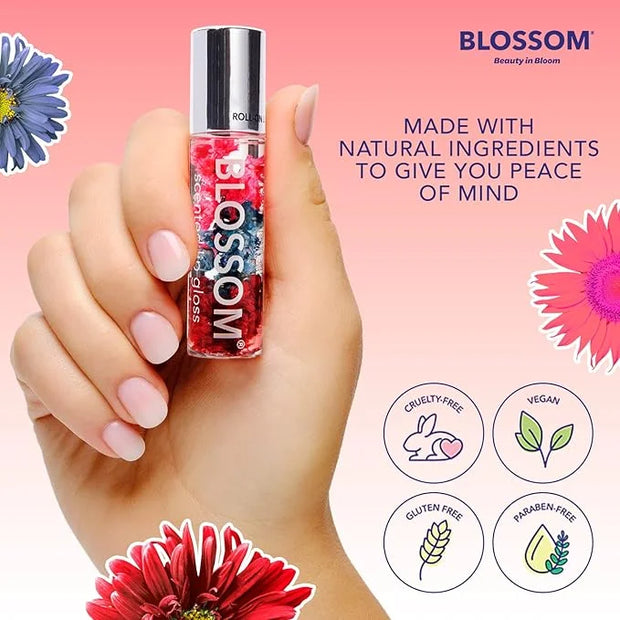 Blossom Roll on Lip Gloss, Scented Clear High Shine Moisturizing Lip Oil, Non Sticky, Infused with Real Flowers, Made in U...