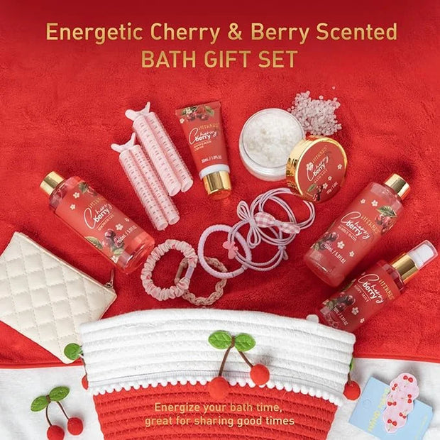 Spa Gifts for Women, Cherry & Berry Spa Gift Set for Teenage Tote Bag, Shower Gel, Hand & Body Lotion, Hitrees Birthday fo...