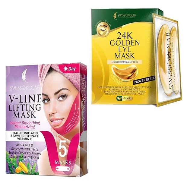 SWISSÖKOLAB Double Chin Reducer V Line Lifting Mask + Under Eye Patches For Puffy Eyes 24k Gold Eye Mask For Dark Circles ...