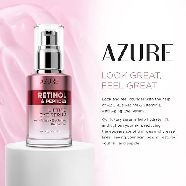 Azure Cosmetics Retinol & Peptides Lifting Eye Serum - Anti Aging, De-Puffing & Revitalizing Dark Circle Corrector - Reduc...