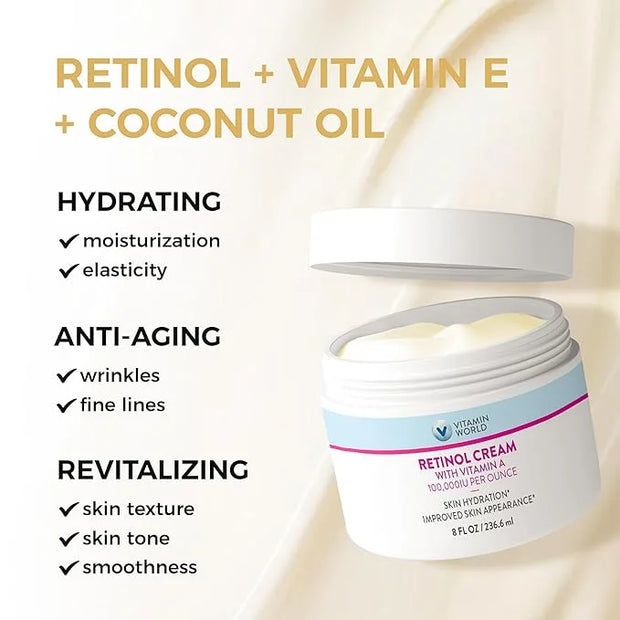 Vitamin World Retinol Cream 100,000 IU 8 oz., Gentle Retinol Night Cream for Face with Retinyl Palmitate & Dual Vitamin E ...