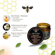 Organic Grass-Fed Beef Tallow Balm with Raw Honey - Moisturizing Cream for Soft, Smooth Skin - Handmade All-Natural Moistu...