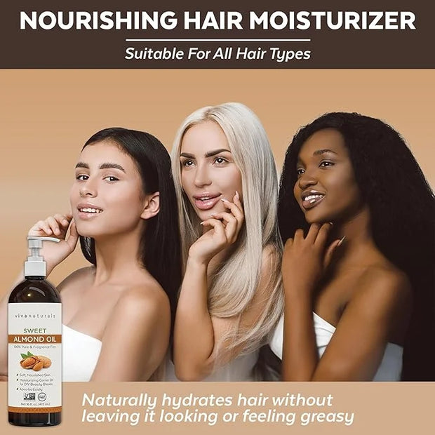 Sweet Almond Oil for Skin - Body Oil, Hair Moisturizer and Relaxing Massage and Oil, Carrier Oil for Essential Oils Mixing...