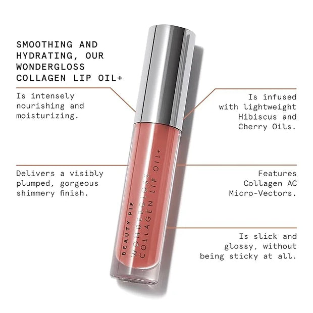 Beauty Pie Wondergloss Collagen Lip Oil + (Nude Nectar) – Hydrating, Plumping, Non-Sticky Gloss with Collagen AC Micro-Vec...