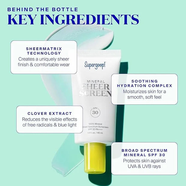 Supergoop! Mineral Sheerscreen SPF 30 PA+++, 0.68 fl oz - 100% Mineral, Broad Spectrum Face Sunscreen + Primer + Helps Fil...