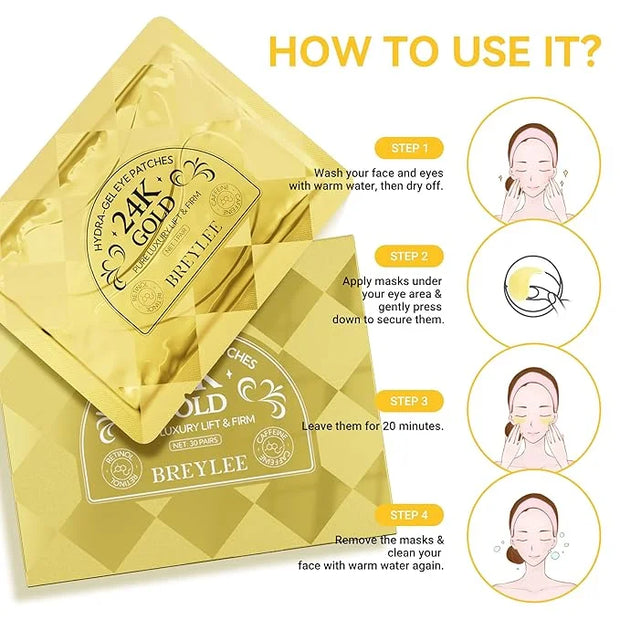 BREYLEE Under Eye Patches (30 Pairs), 24K Gold Eye Masks for Reducing Wrinkles and Fine Lines Under eye, Puffy Eyes and Da...