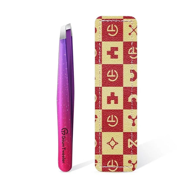 Expert Slant Tip Tweezers with Leather Travel Case, GlamTweeler Sharp & Precision Stainless Steel Tweezer for Eyebrows, Fa...