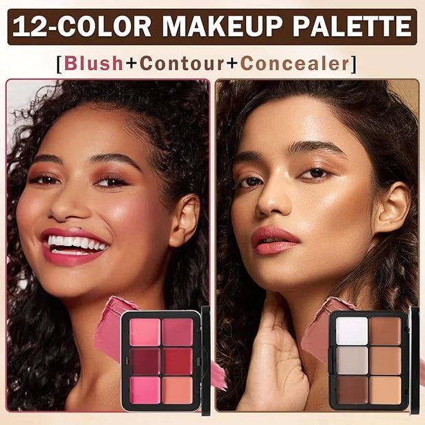12 Colors Cream Blush Palette Cream Concealer Foundation Palette,Natural Matte Face Makeup Palette with Brush - Product Image