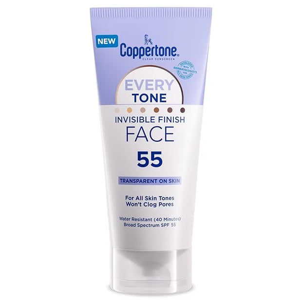 Coppertone Every Tone Invisible Finish Face Sunscreen Lotion SPF 55, Lightweight, Blends in Clear Sunscreen for All Skin T...