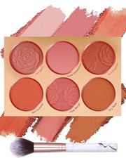 Matte Face Blush Palette with Brush-6 Color High Pigment Silky Mineral Blendable Blusher Contour Powder for Cheeks,Longlas...