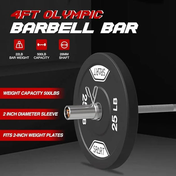 4FT Olympic Barbell Bar 47Inch Straight 2 Collars, 500Lbs Capacity 2 Inch - Product Image