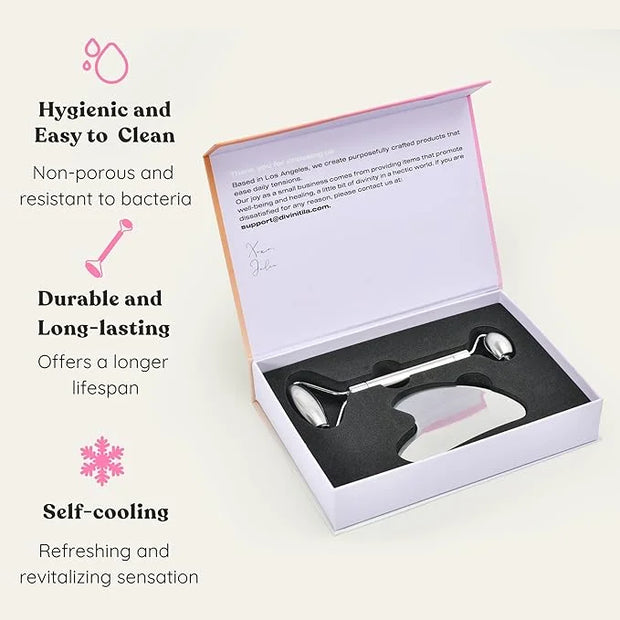 Stainless Steel Face Roller - Premium Gua Sha Facial Tools Stainless Steel GuaSha Tool and Face Roller Set - Gua Sha Stain...