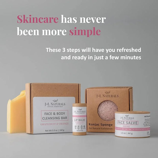J&L Naturals Simple Skin Regimen Kit With Cleansing Bar, Face Salve, Konjac Sponge, Lip Balm | For Oily, Dry, Mature, and ...