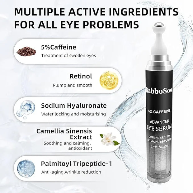 5% Caffeine Eye Serum, Anti-Aging Eye Cream with 360°Massage Roller, Eye Serum for Dark Circles and Puffiness, Reduces Fin...