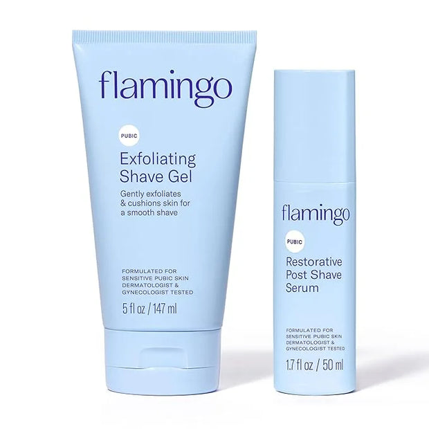Flamingo Pubic Hair Shaving Skin Care Set, Exfoliating Shaving Gel for Women 5 fl oz with Restorative Post Shave Serum 1.7...