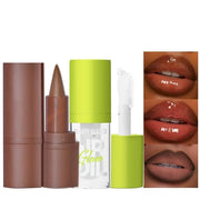 2Pcs Lip Oil and Lip Liner Set, Gradient Brown Lip Liner and Lipstick Lip Combo Set, Smooth Glossy Finish Lip Glow Oil for...