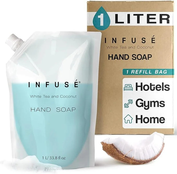 1 Liter Hand Wash Refill Bag For Soap Dispensers | Bulk Toiletries for Vacation Rentals, and Home Bathroom Showers | White...