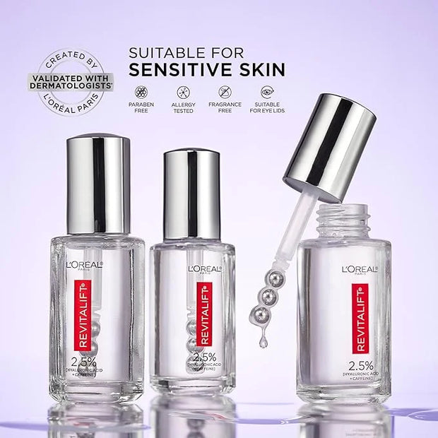 L'Oreal Paris Revitalift Hyaluronic Acid + Caffeine Hydrating Eye Serum for Dark Circles, Fragrance Free .67 fl. oz + Mois...