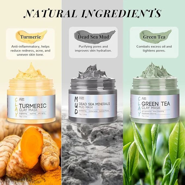 ANAI RUI Face Mask Gift Set, Turmeric Clay Mask - Green Tea Clay Mask - Dead Sea Minerals Mud Mask, Spa Facial Mask Set, F...