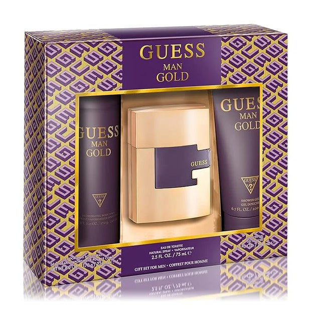 GUESS Man Gold 3 Pieces Gift Set for Men, (2.5 Ounce Eau de Toilette Spray + 6.0 Deodorant Spray + 6.7 Shower Gel) - Produ...