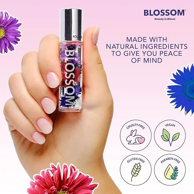 Blossom Roll on Lip Gloss, Scented Clear High Shine Moisturizing Lip Oil, Non Sticky, Infused with Real Flowers, Made in U...