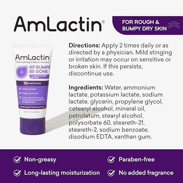AmLactin KP Bumps Be Gone - 3 oz Keratosis Pilaris Moisturizing Cream with 15% Lactic Acid - Exfoliator and Moisturizer fo...