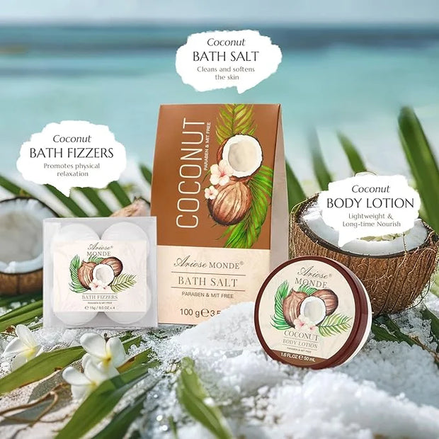 Bath & Shower Spa Basket Gift Set, Coconut Scent, with Shower Gel, Bubble Bath,Body Lotion, Bath Bomb,Bath Salt, Bath and ...