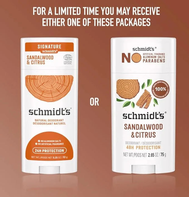 Schmidt's Aluminum-Free Vegan Deodorant Sandalwood & Citrus 4 Count for Women and Men, with 24 Hour Odor Protection, Natur...