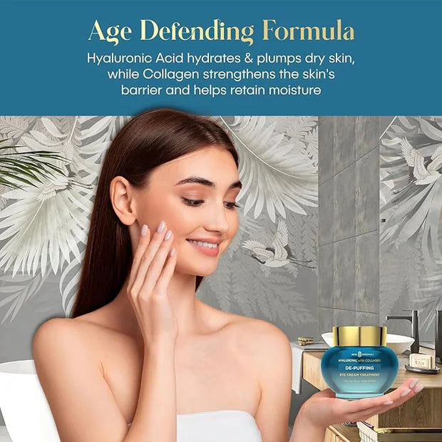 Hyaluronic Acid & Collagen De-Puffing Eye Cream - Reduces Under Eye Bags & Dark Circles, Hydrates - Dermatologist Tested, ...