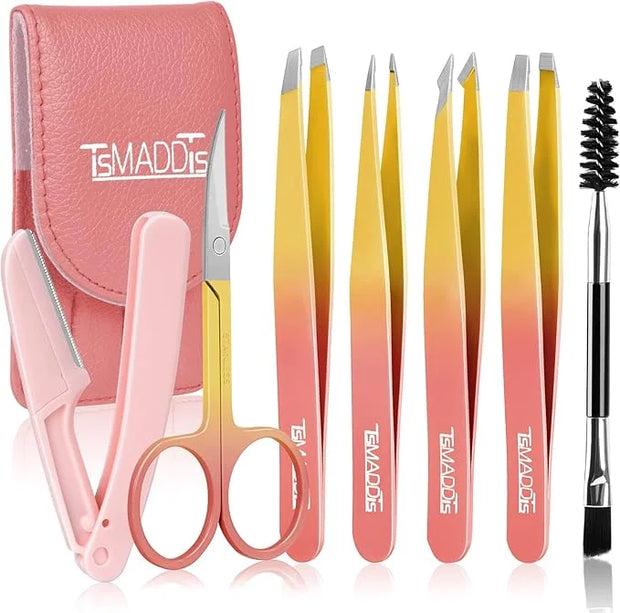 TsMADDTs 7PCS Tweezers Set for Women Facial Hair, Precision Tweezer for Eyebrows with Curved Scissor and Eyebrow Razor for...