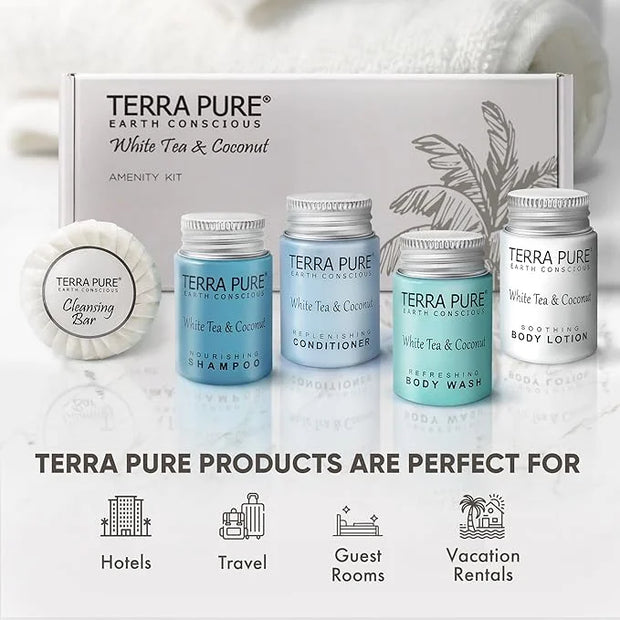 Terra Pure White Tea & Coconut Amenity Kit | Hotel Bulk Toiletries | 1 oz Shampoo, Conditioner, Lotion, Body Wash, Cleansi...