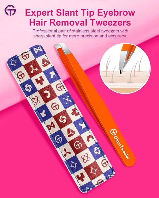 Expert Eyebrow Hair Removal Tweezer with Leather Case, GlamTweeler High Precision Slant Tip Stainless Steel Tweezers for M...
