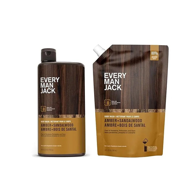 Every Man Jack Amber + Sandalwood Mens Body Wash Refill Starter Pouch - Naturally Derived Ingredients - Paraben Free, Phth...