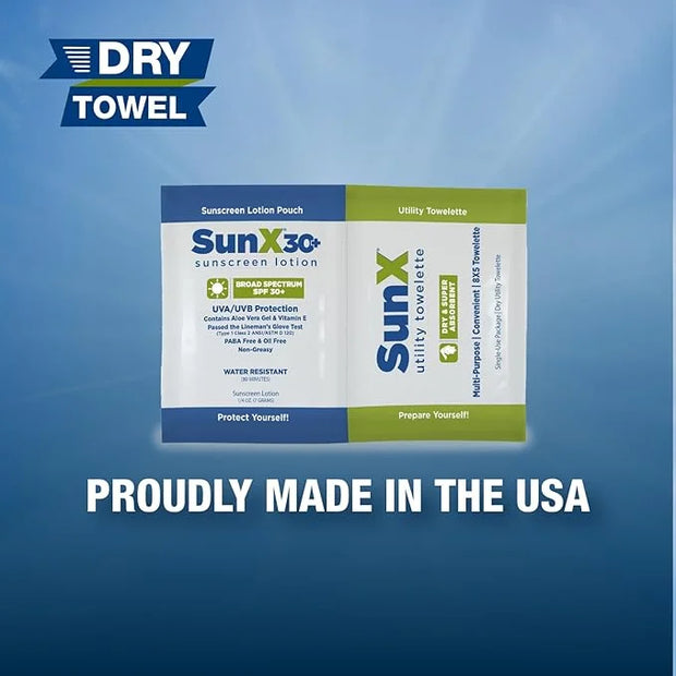 Sun X SPF 30+ Broad Spectrum Sunscreen Lotion Foil Pack Single Dose with Attached Dry Towelette, 50 Count