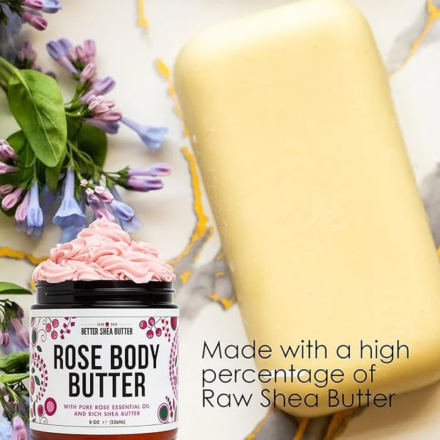 Rose Body Butter for Dry Skin with Whipped Shea Butter and Pure Essential Oil | Ultra Hydrating Rose Lotion for Women | Al...