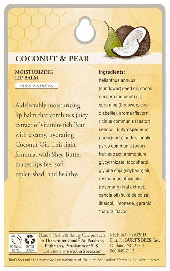Burt's Bees Lip Balm - Coconut and Pear, Lip Moisturizer With Responsibly Sourced Beeswax, Tint-Free, Natural Origin Condi...