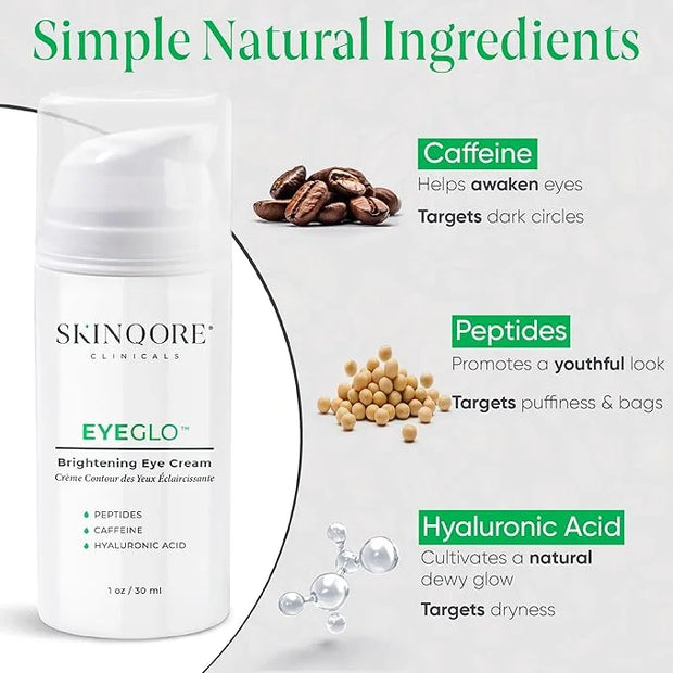 EyeGLO Caffeine Eye Cream for Dark Circles, Eye Bags, and Puffiness | UnderEye Treatment for Women with Peptides, Antioxid...
