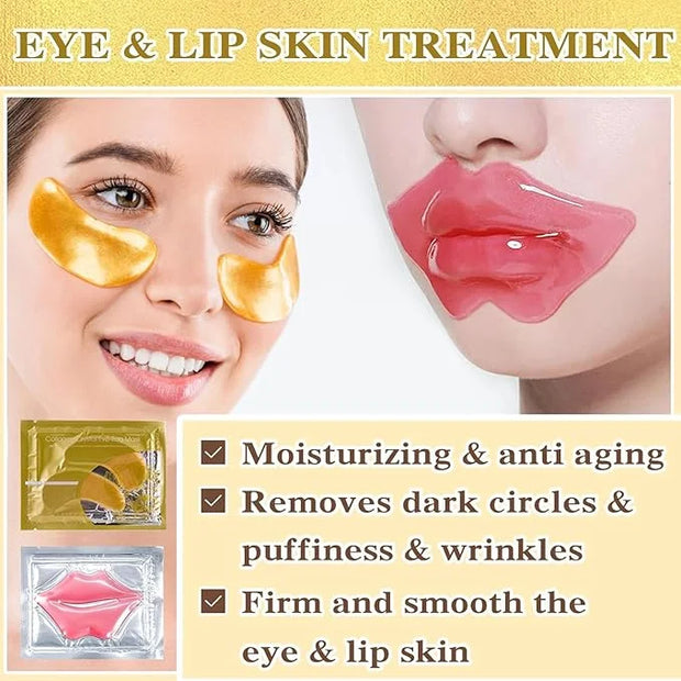 Gold Eye Mask And Pink Lip Mask,Natural Gel Eye Masks,Under Eye Gel Patches for Dark Circles,Eye Mask for Puffy Eyes,10 Pa...