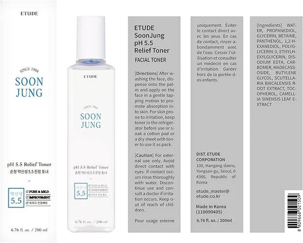 ETUDE Soonjung pH5.5 Relief Toner 200ml (New Version) | Skin Care Solution | Low PH Toner for Sensitive Skin | Non-Comedog...