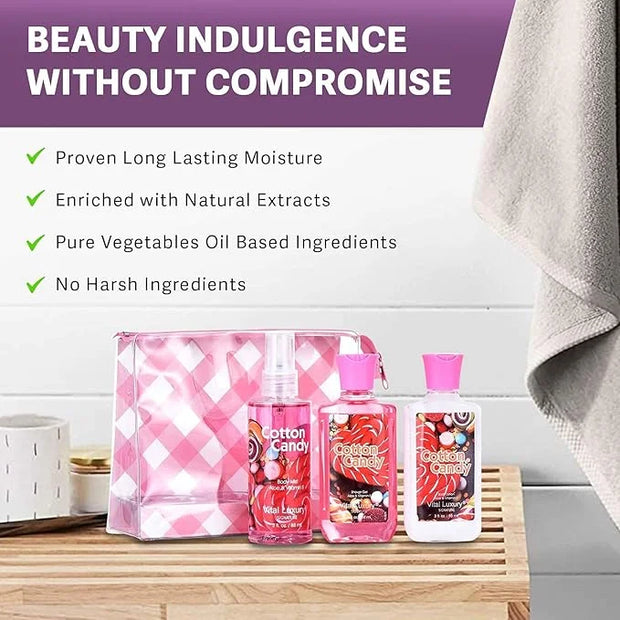 Cotton Candy Bath & Body Care Travel Set, Home Spa Gift Set Includes Body Lotion, Shower Gel, and Fragrance Mist, Personal...