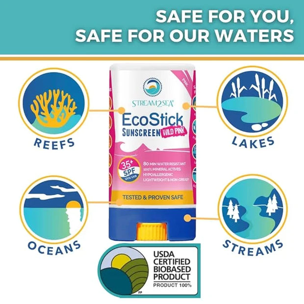 STREAM2SEA EcoStick SPF 35 Mineral Sunscreen Stick, Sweat Water Resistant Sunblock, USDA Approved Biodegradable Paraben Fr...