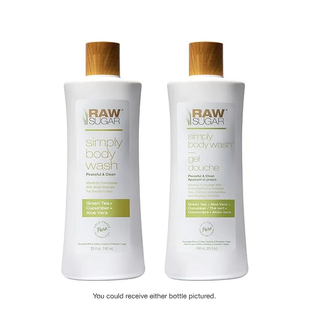RAW SUGAR Sensitive Skin Simply Body Wash - Green Tea + Cucumber + Aloe Vera, Moisturizing & Brightening Bath & Shower Gel...