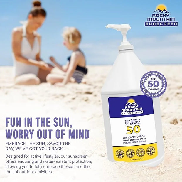 KIDS Rocky Mountain Sunscreen SPF 50 Gallon Sunscreen Lotion | Broad Spectrum UVA/UVB Protection | Hawaii 104 Reef Act Com...